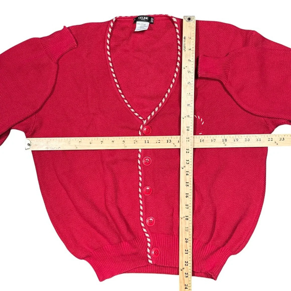 Vintage 80s Celine Candycane Xmas Monogram Red Cardigan Sweater Womens Medium - Picture 12 of 12